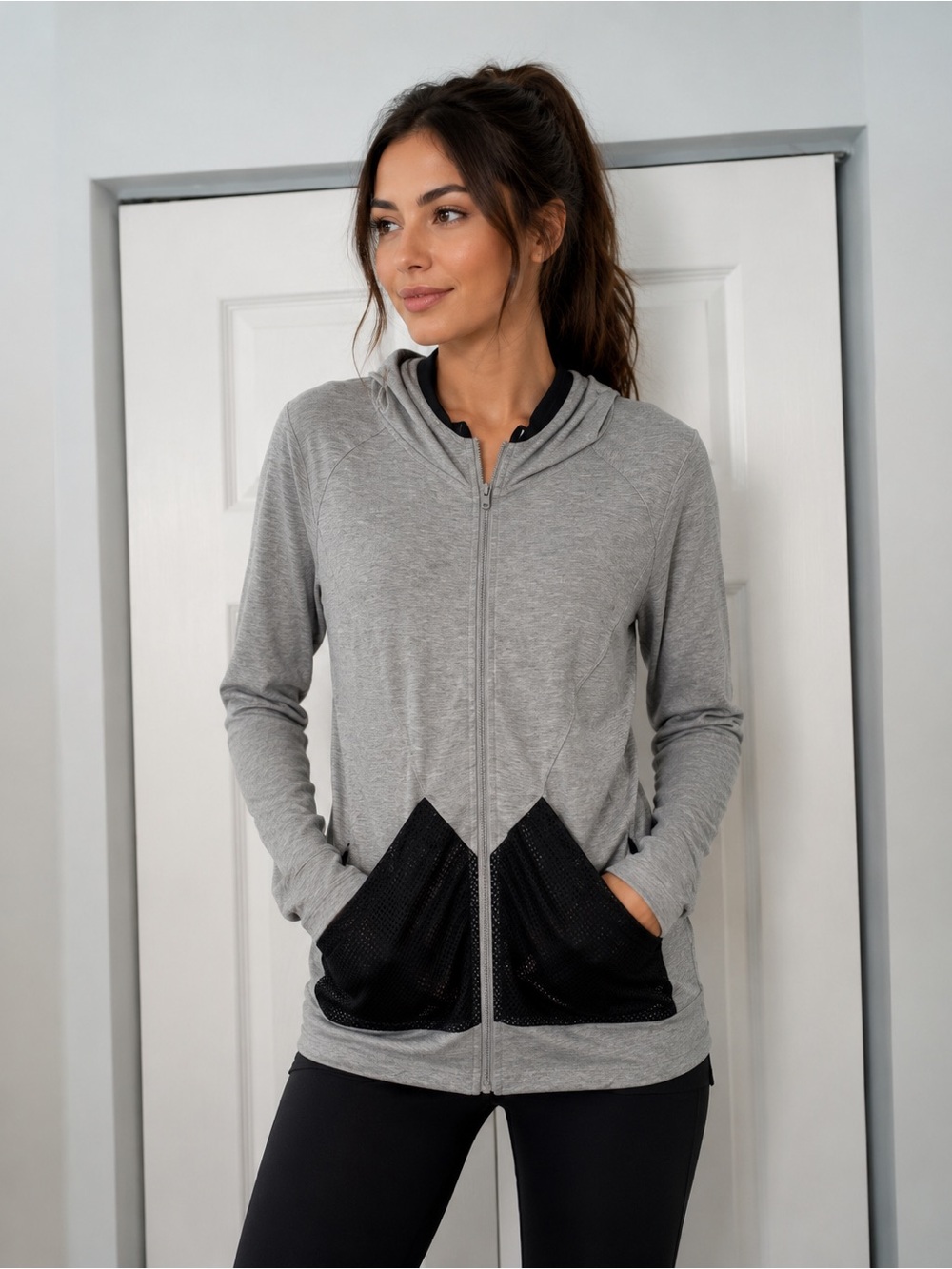 Marika Gray & Black Hooded Zip Up Jacket Women’s Large Athleisure Lightweight
